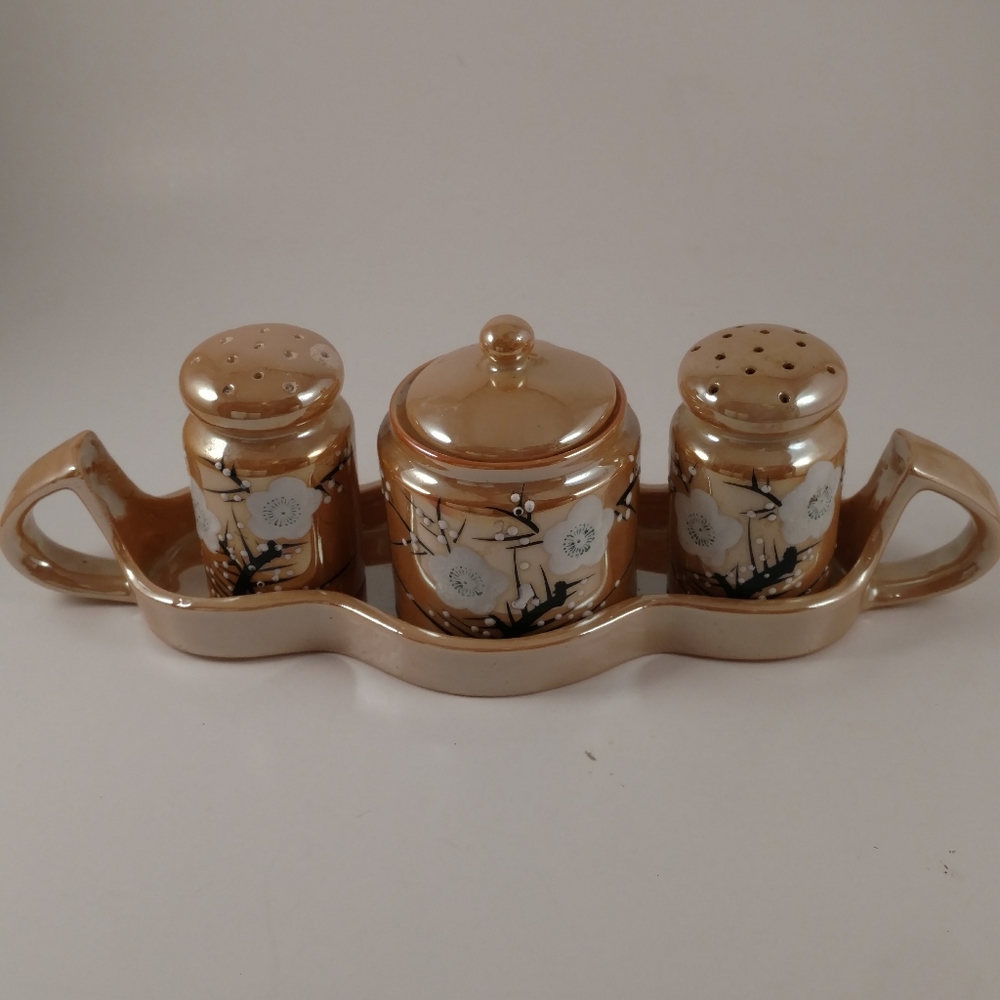 Vintage Lusterware Salt Pepper Sugar Tray Flowered